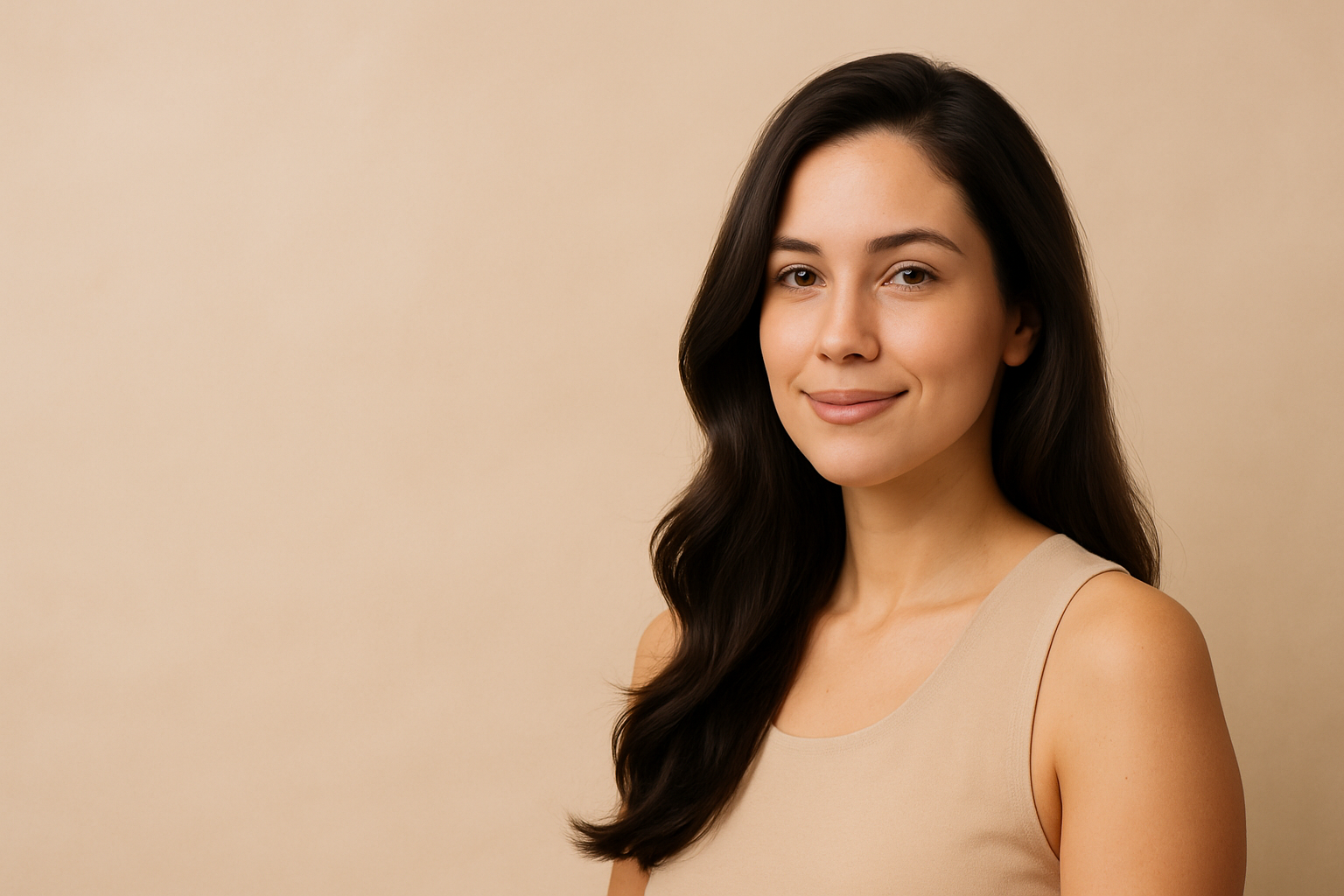 Woman with long dark hair wearing a beige tank top against a beige background