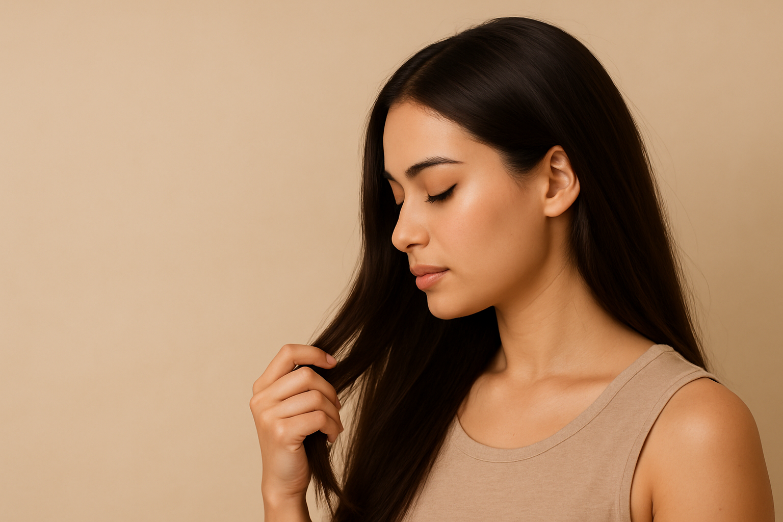 Woman with long, straight hair against a beige background so Shop Hair Growth & Scalp Treatments
