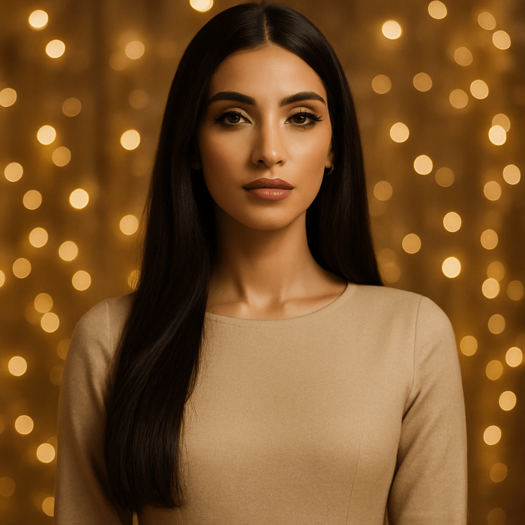 Woman in a beige sweater standing against a warm, blurred lights background