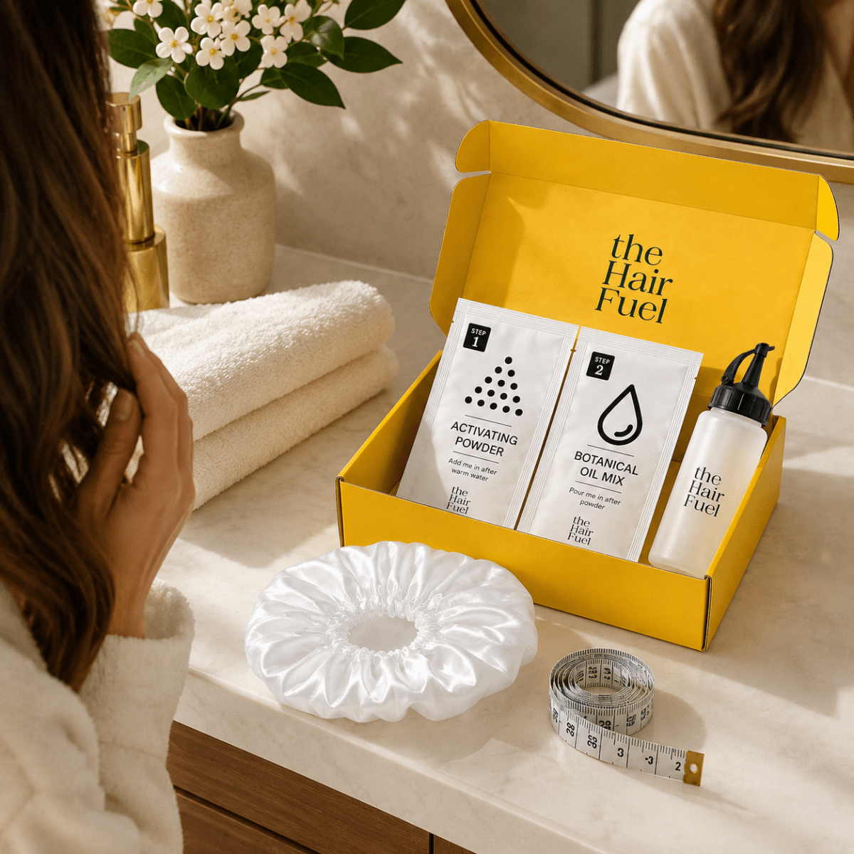 The Hair Fuel product set on a vanity table with a woman grooming herself.