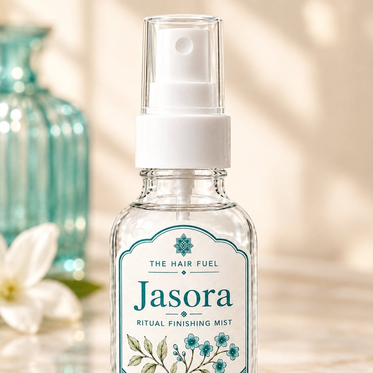 A clear glass spray bottle of Jasora Ritual Finishing Mist with a white pump, featuring a white and teal label with floral illustrations. The bottle is set on a light marble surface with a soft-focus turquoise glass vase and white flower in the background.