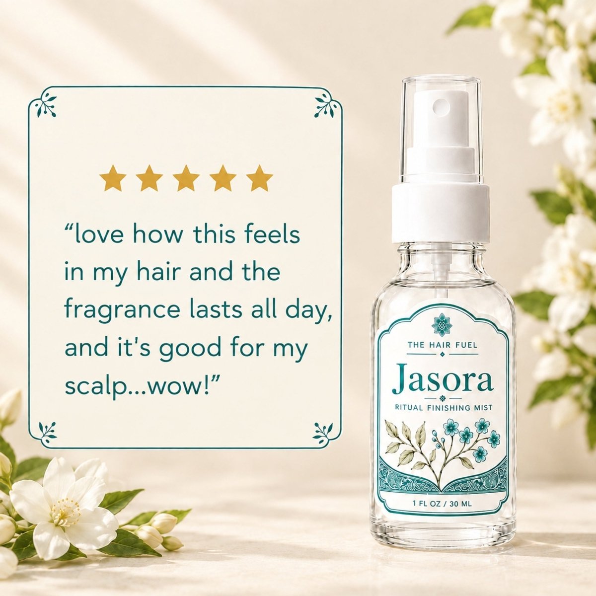 A bottle of Jasora Ritual Finishing Mist from The Hair Fuel stands on a light surface beside a decorative quote card, with white flowers around it. The product is a clear glass spray bottle with a white pump and a teal-and-white label.