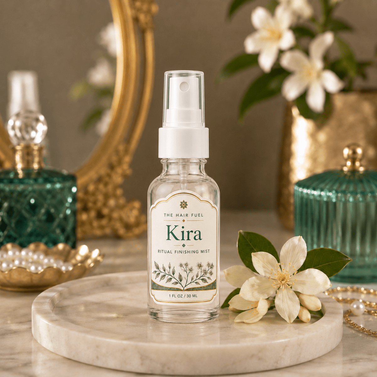 Kira hair product bottle on a marble surface with flowers and decorative items in the background