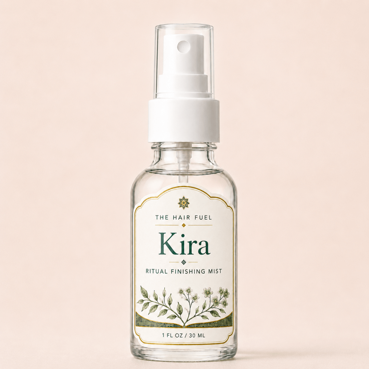 Kira ritual finishing mist bottle on a beige background