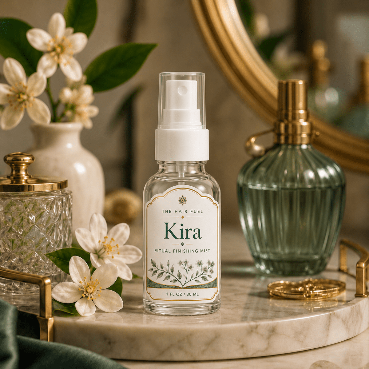 Kira ritual finishing mist bottle on a marble surface with flowers and other decorative items.