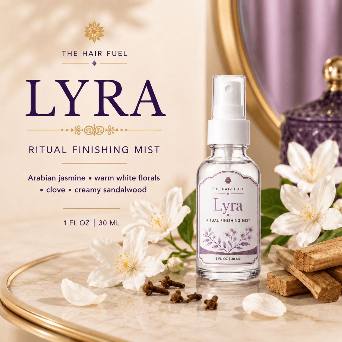 LYRA Ritual Finishing Mist bottle with flowers and incense on a decorative surface