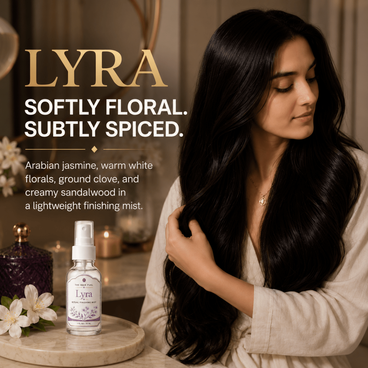 Woman with long hair holding a bottle of Lyra perfume with product description text.