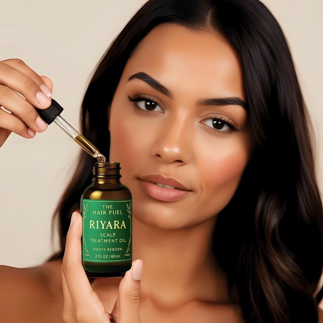 Woman applying The Hair Fuel Riyara Root Scalp Oil – promotes hair regrowth and reduces shedding