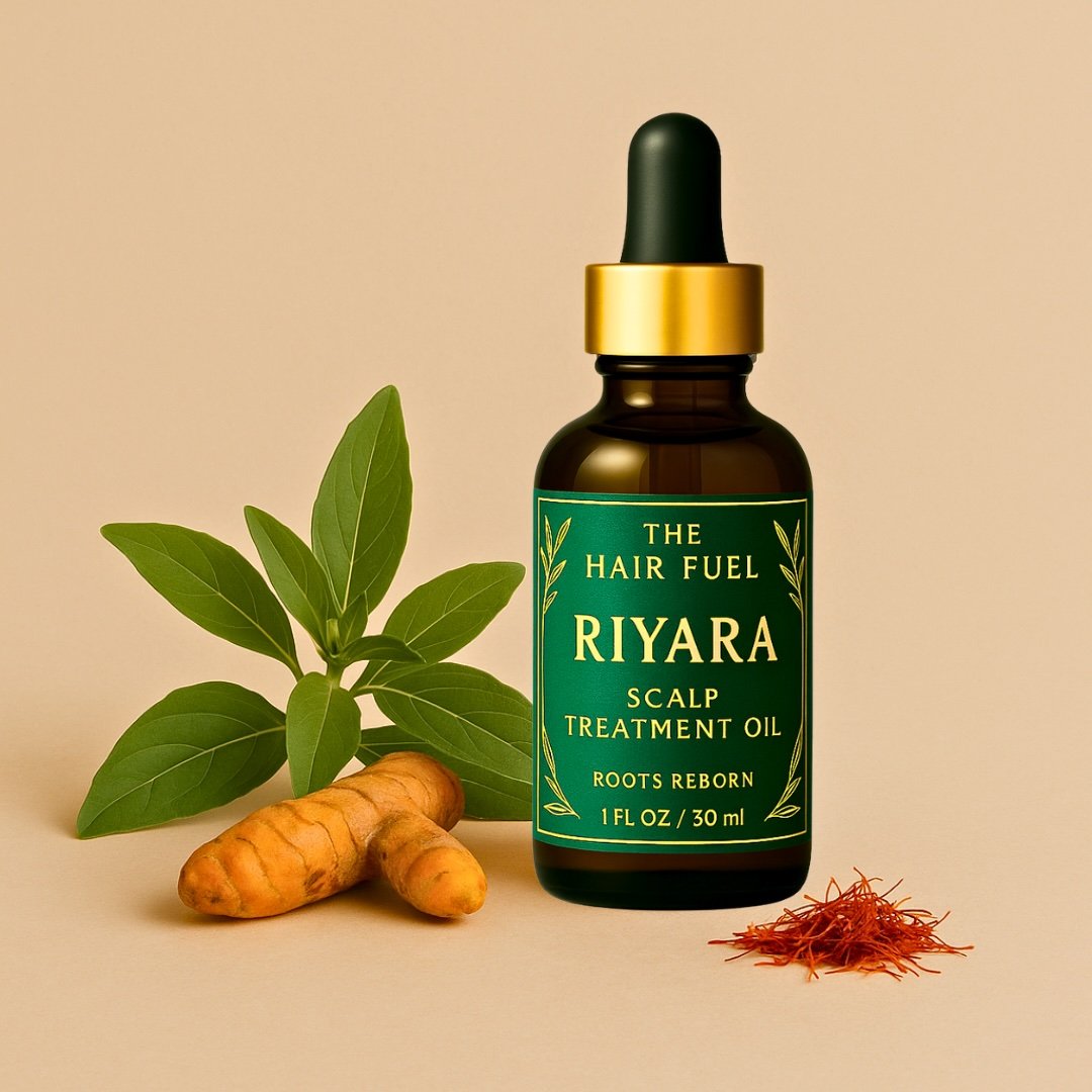 Riyara scalp treatment oil bottle with turmeric root and saffron on a beige background