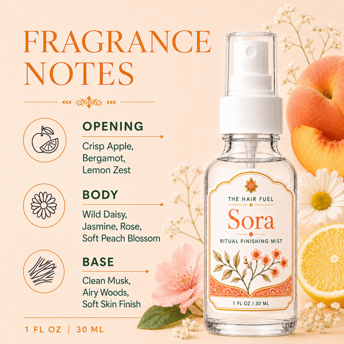 Sora fragrance mist bottle with floral elements and fragrance notes on a peach-colored background