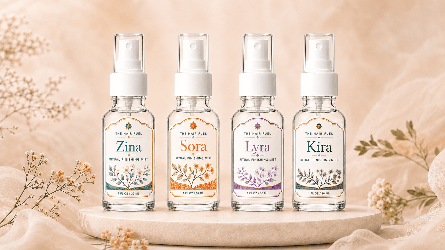 Four 1 oz The Hair Fuel alcohol-free hair perfume sprays in Zina, Sora, Lyra and Kira, displayed with soft florals.