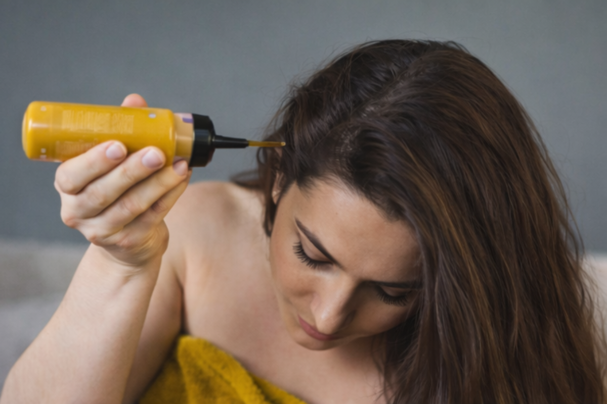 Woman applying a hair growth mask directly to her scalp before shampooing