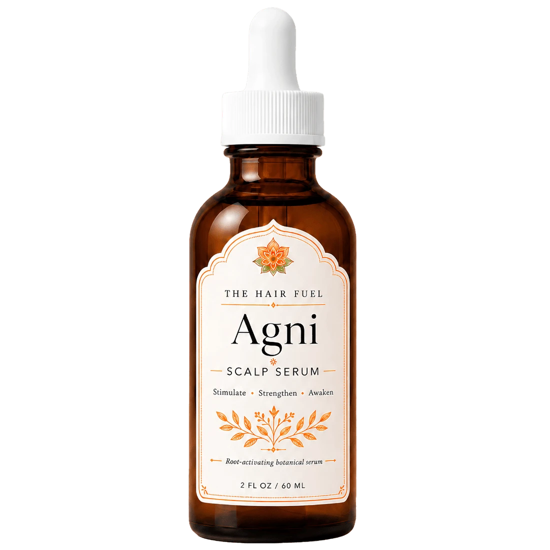 A 2 fl oz amber glass dropper bottle of The Hair Fuel Agni Scalp Serum, featuring a white dropper cap and a cream-colored label with orange botanical illustrations.