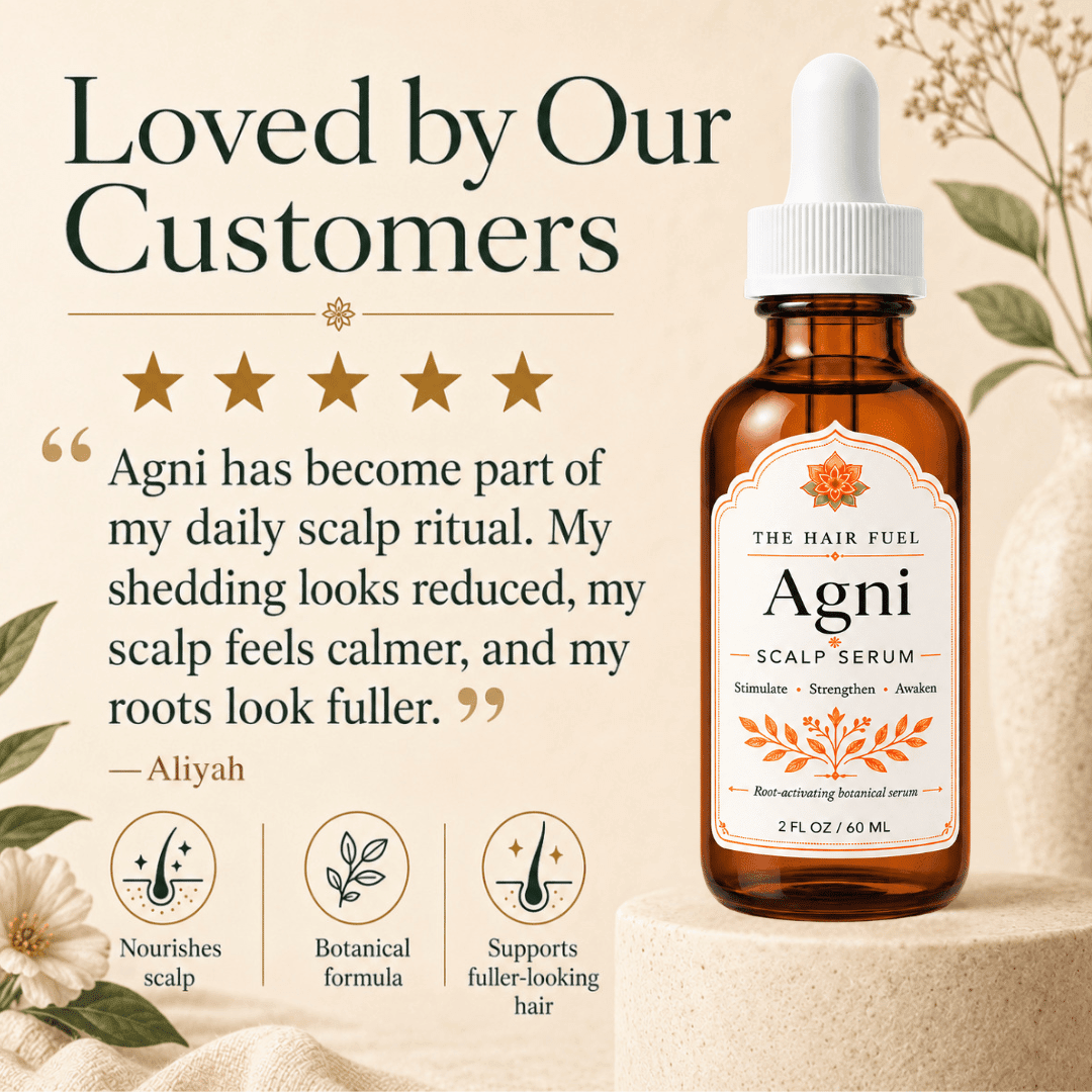 A bottle of Agni Scalp Serum by The Hair Fuel placed on a pedestal in a styled setting, with large promotional text on the left reading &