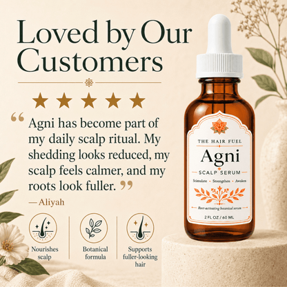 A bottle of Agni Scalp Serum by The Hair Fuel placed on a pedestal in a styled setting, with large promotional text on the left reading &