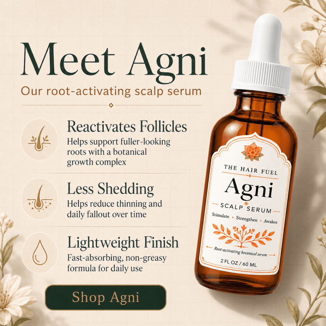 Amber glass dropper bottle of The Hair Fuel Agni Scalp Serum on a warm beige background with decorative floral elements and marketing text highlighting follicle activation, reduced shedding, and lightweight finish.