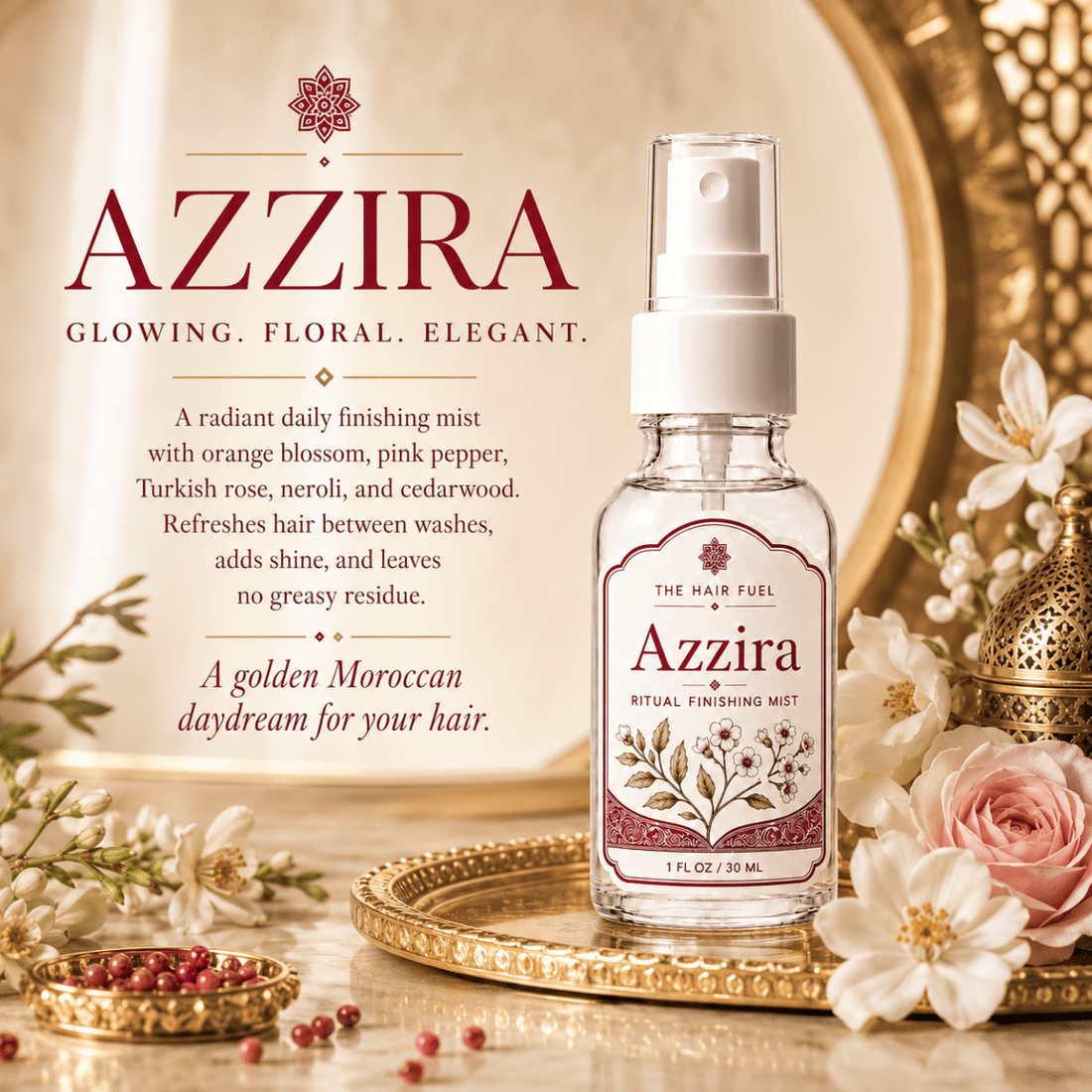 Azzira ritual finishing mist bottle with floral and decorative background