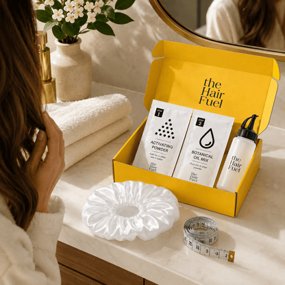 The Hair Fuel product set on a vanity table with a woman grooming herself.