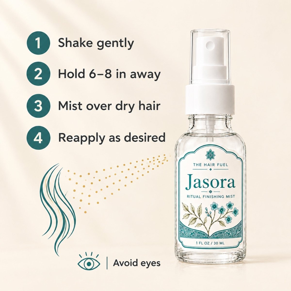A bottle of Jasora Ritual Finishing Mist by The Hair Fuel shown on a warm beige background with a four-step application guide on the left. The guide includes shaking the bottle, holding it 6-8 inches away, misting over dry hair, and reapplying as desired.