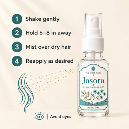 A bottle of Jasora Ritual Finishing Mist by The Hair Fuel shown on a warm beige background with a four-step application guide on the left. The guide includes shaking the bottle, holding it 6-8 inches away, misting over dry hair, and reapplying as desired.