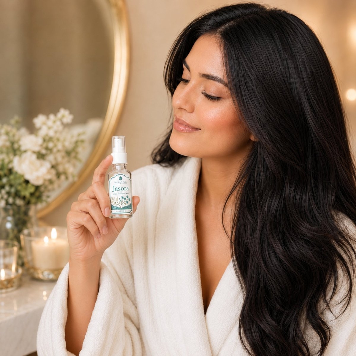 A woman in a white bathrobe holds up a small bottle of Jaegera essential oil spray, looking at it with a soft, contemplative expression in a warmly lit bathroom setting.