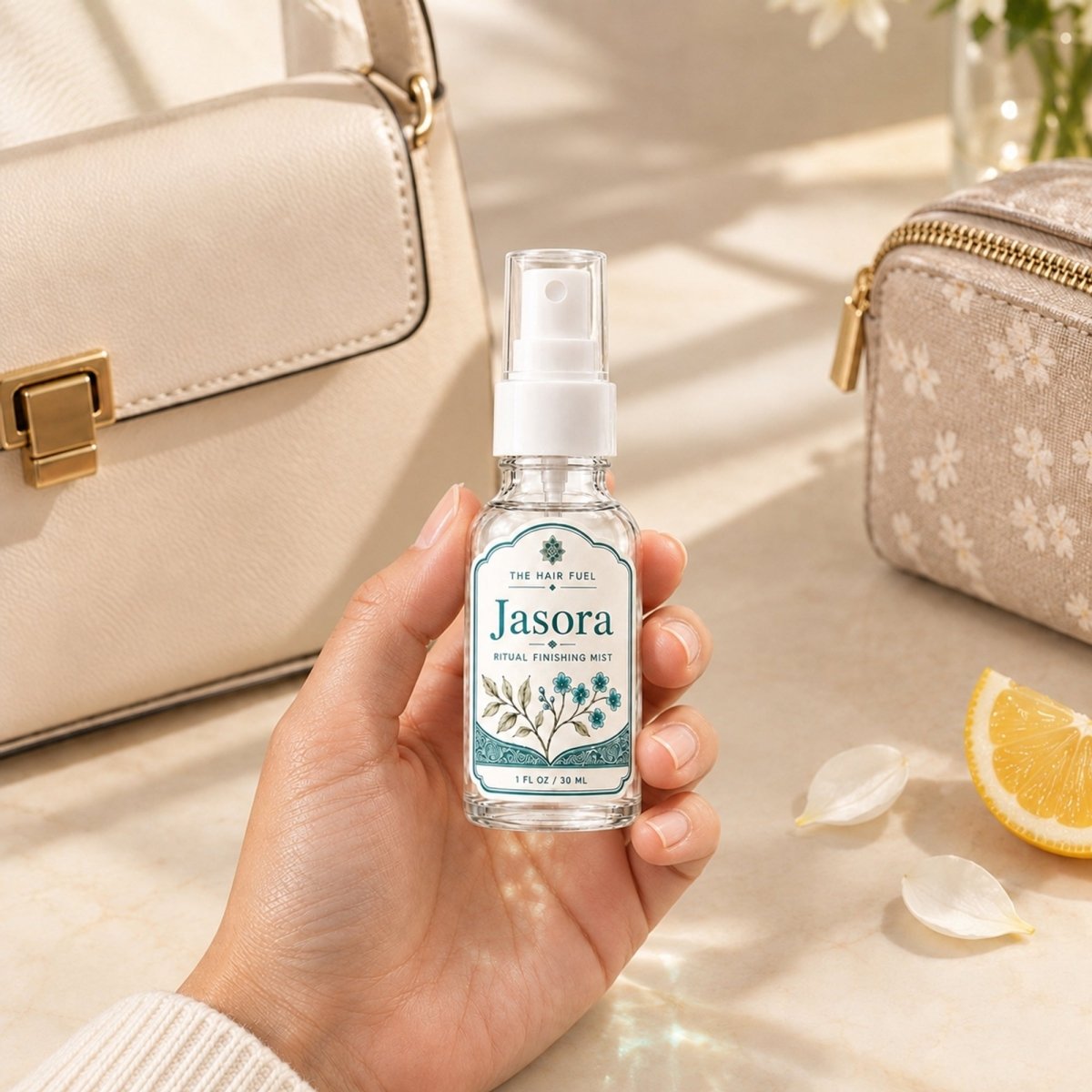 A hand holds a small clear spray bottle labeled Jasora Natural Perfume Mist, styled on a warm beige surface with a cream handbag, a floral pouch, and a lemon slice in the background.