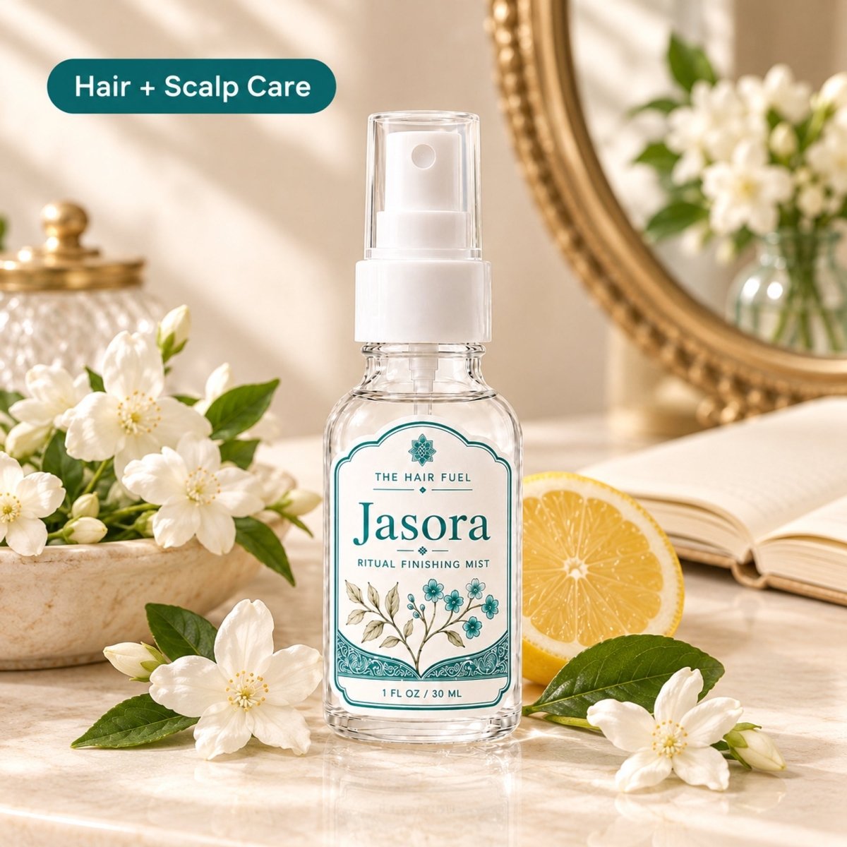 A bottle of Jasora Ritual Finishing Mist centered on a marble surface, surrounded by white flowers, green leaves, a lemon slice, an open book, and a mirror in a softly lit bathroom-like setting. A teal badge in the top left reads &