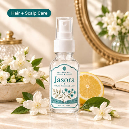 A bottle of Jasora Ritual Finishing Mist centered on a marble surface, surrounded by white flowers, green leaves, a lemon slice, an open book, and a mirror in a softly lit bathroom-like setting. A teal badge in the top left reads &