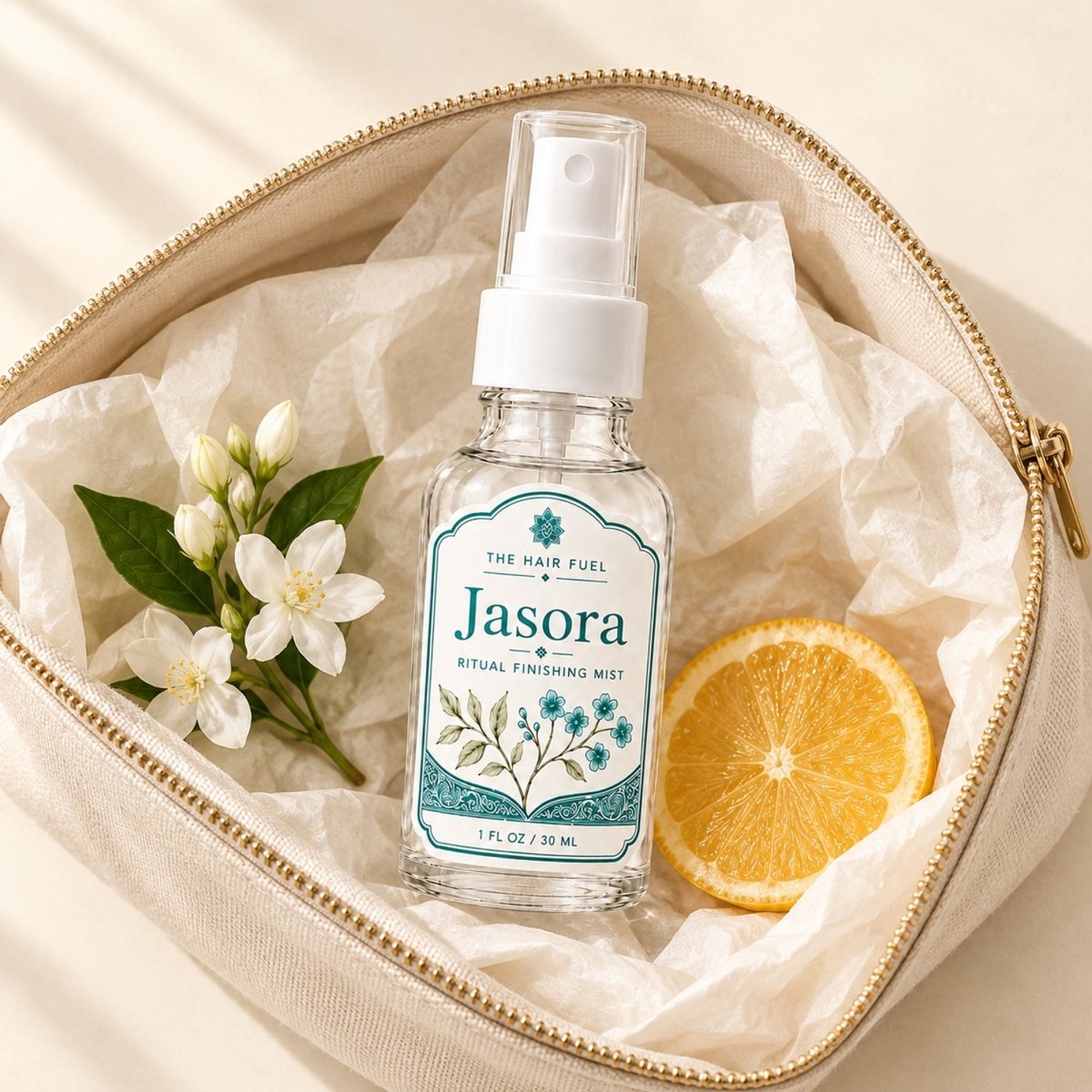 A clear glass spray bottle labeled Jasora Ritual Finishing Mist sits inside an open beige zip pouch lined with white tissue paper. The bottle is styled with white jasmine flowers and a sliced orange on a warm cream background.