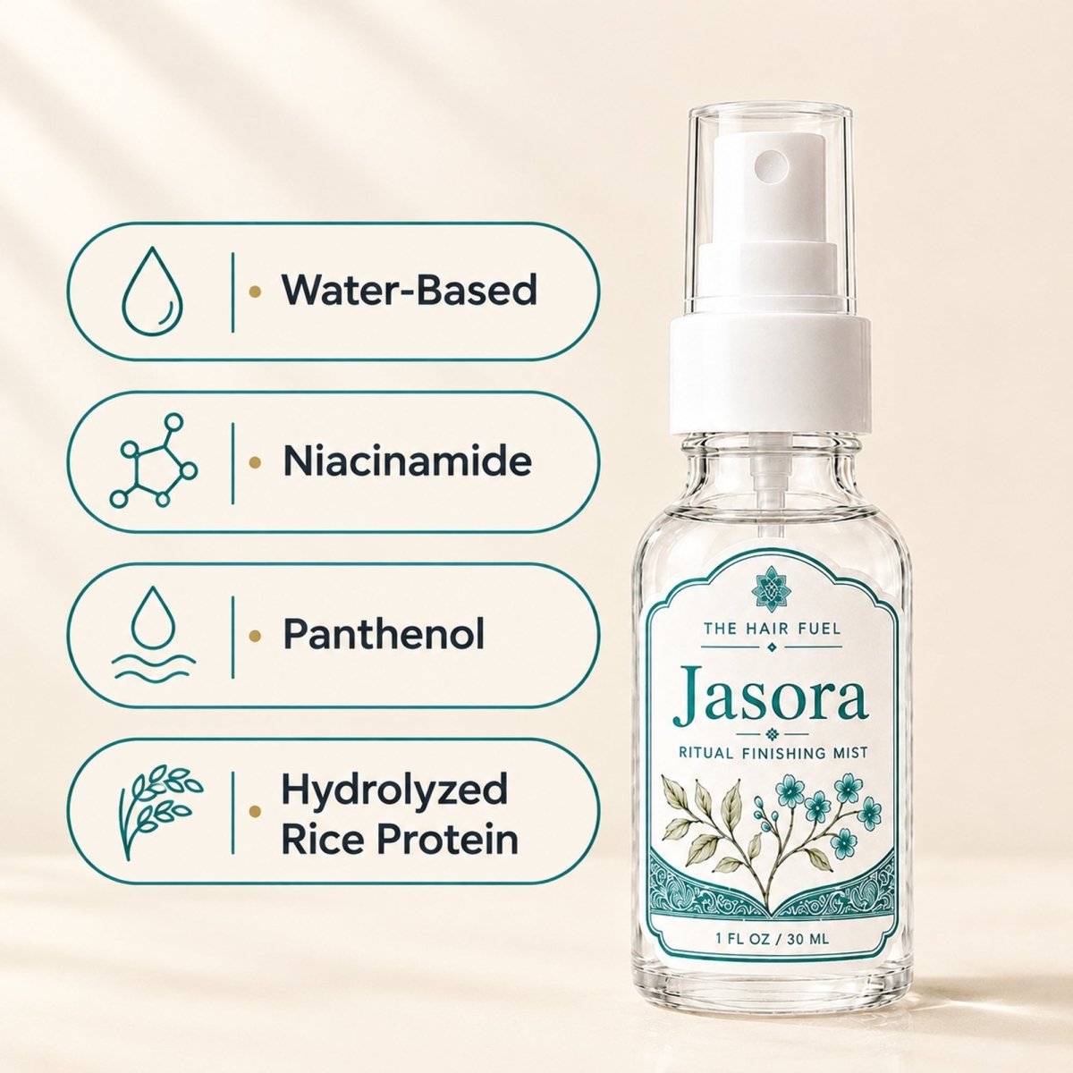 A clear glass spray bottle labeled &