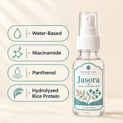 A clear glass spray bottle labeled &