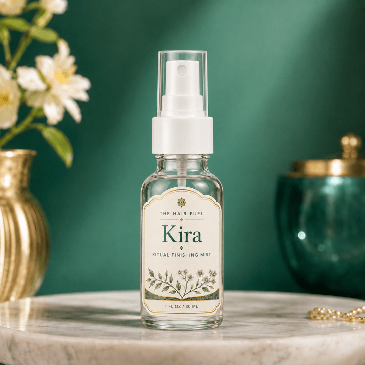 Bottle of Kira ritual finishing mist on a marble surface with flowers and decorative items in the background.