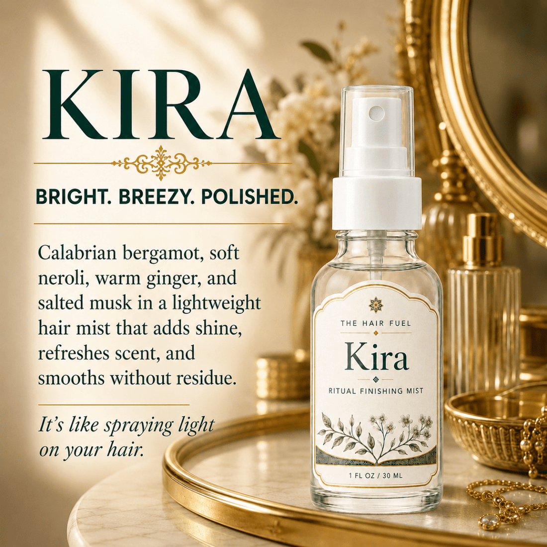Kira hair mist bottle on a decorative tray with gold accents and text describing the product.