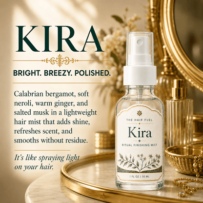 Kira hair mist bottle on a decorative tray with gold accents and text describing the product.