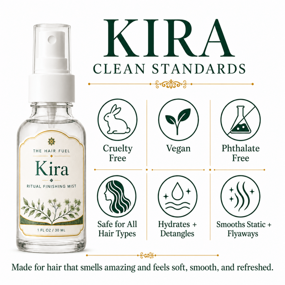 Kira hair product with features listed on a white background