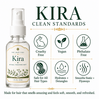 Kira hair product with features listed on a white background