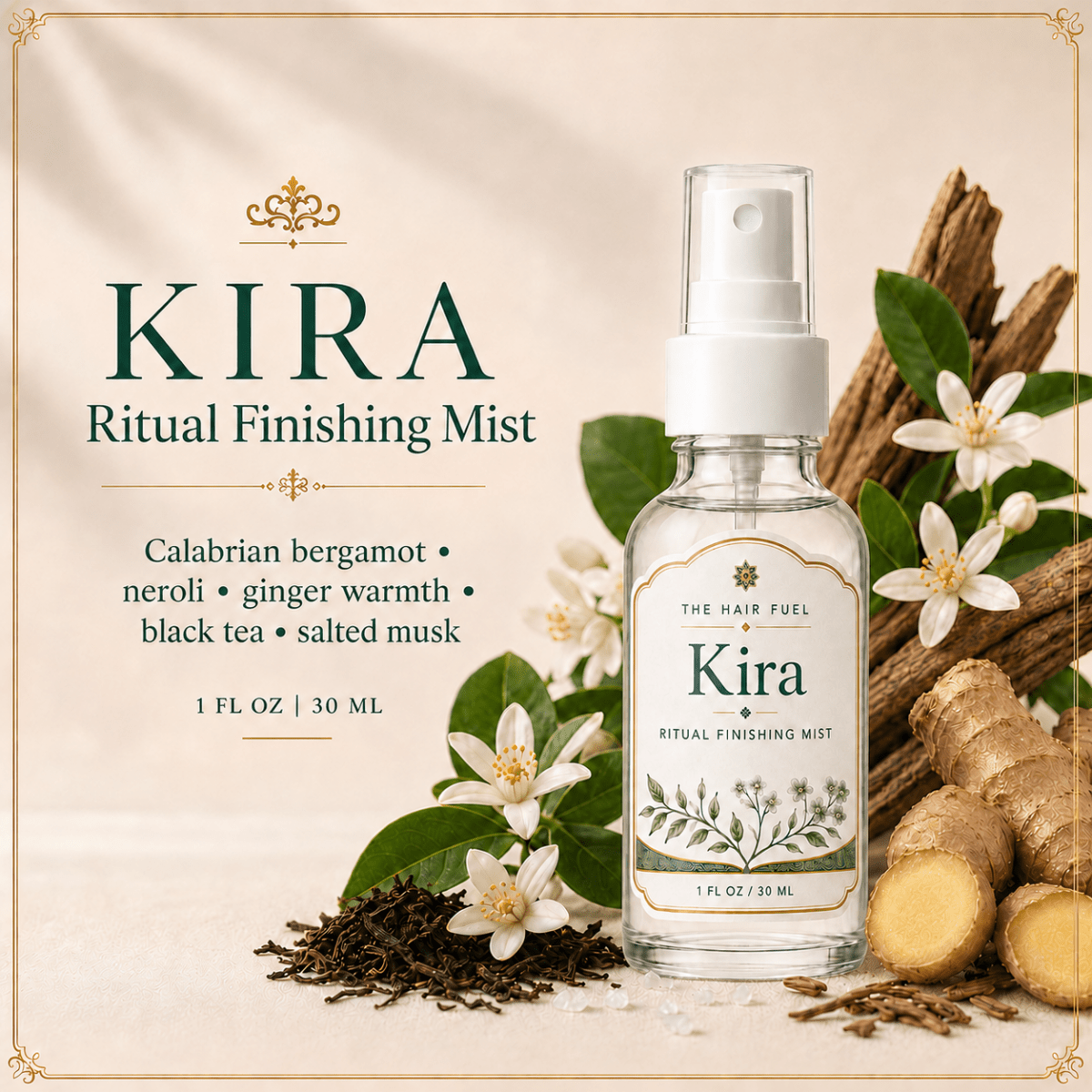 Kira hair perfume mist bottle with botanical elements on a beige background