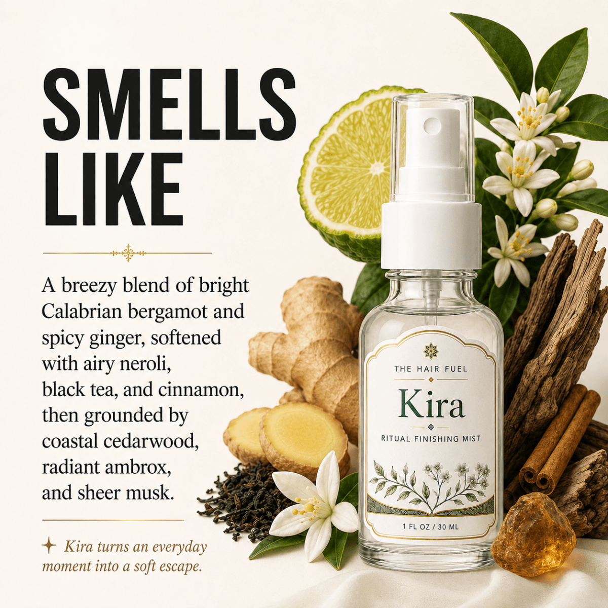 Kira ritual finishing mist bottle with ingredients and text on a white background