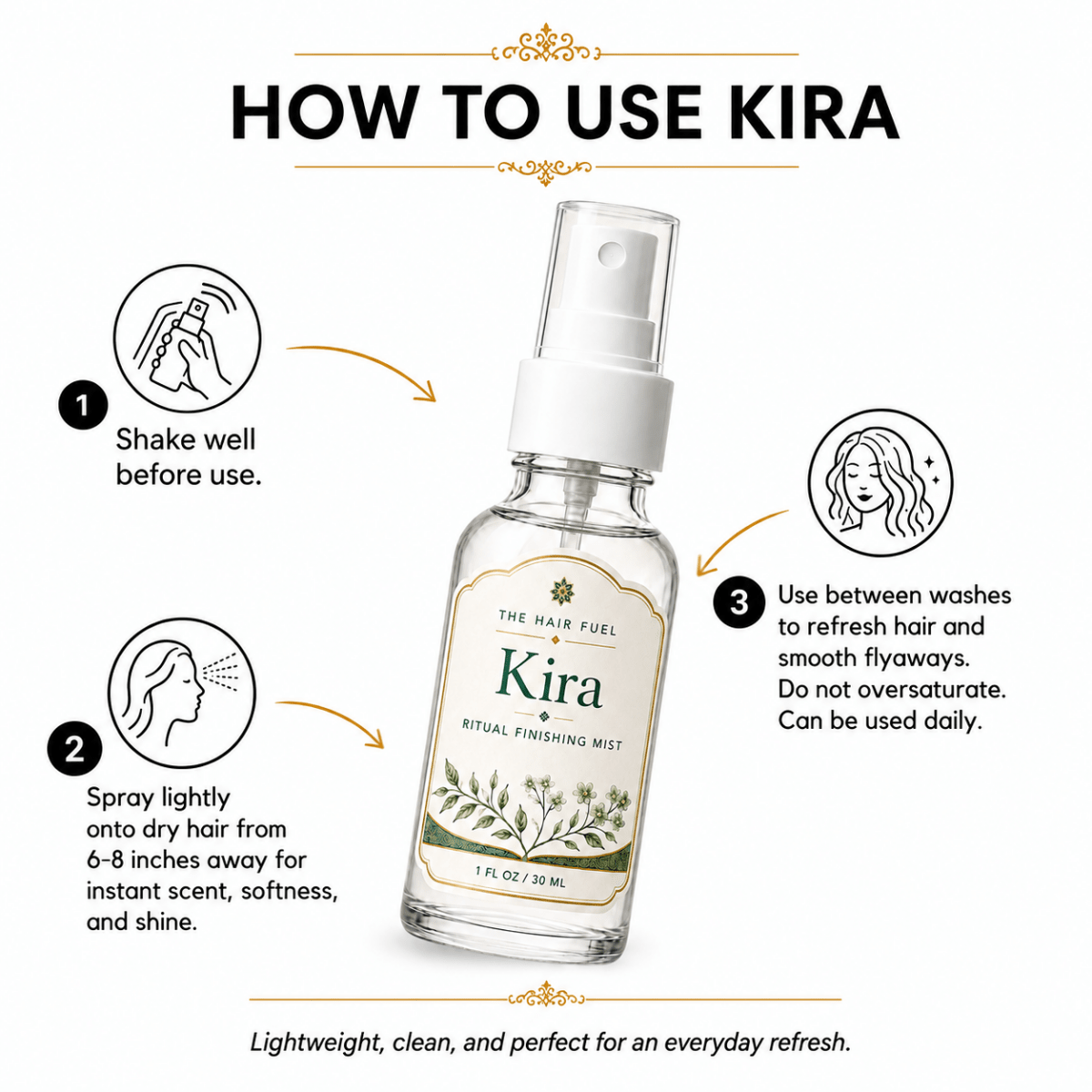 Kira hair mist bottle with usage instructions on a white background