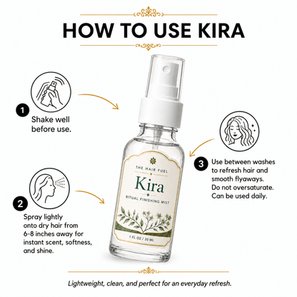 Kira hair mist bottle with usage instructions on a white background