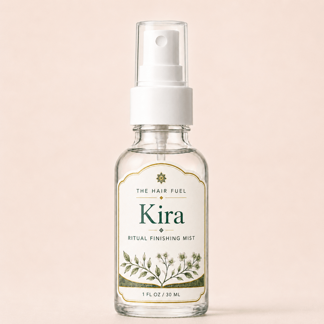 Kira ritual finishing mist bottle on a beige background