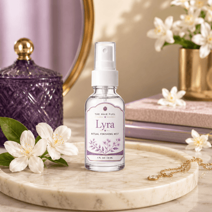 Lyra hair product bottle on a marble surface with flowers and decorative items in the background