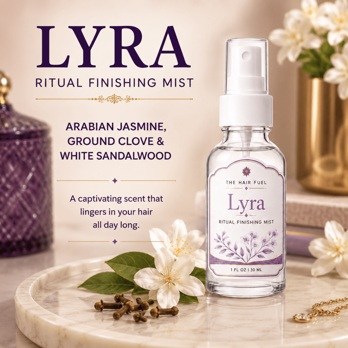 Lyra Ritual Finishing Mist bottle with floral elements on a marble surface