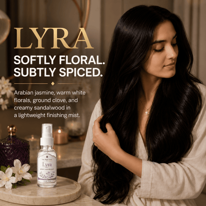 Woman with long hair holding a bottle of Lyra perfume with product description text.