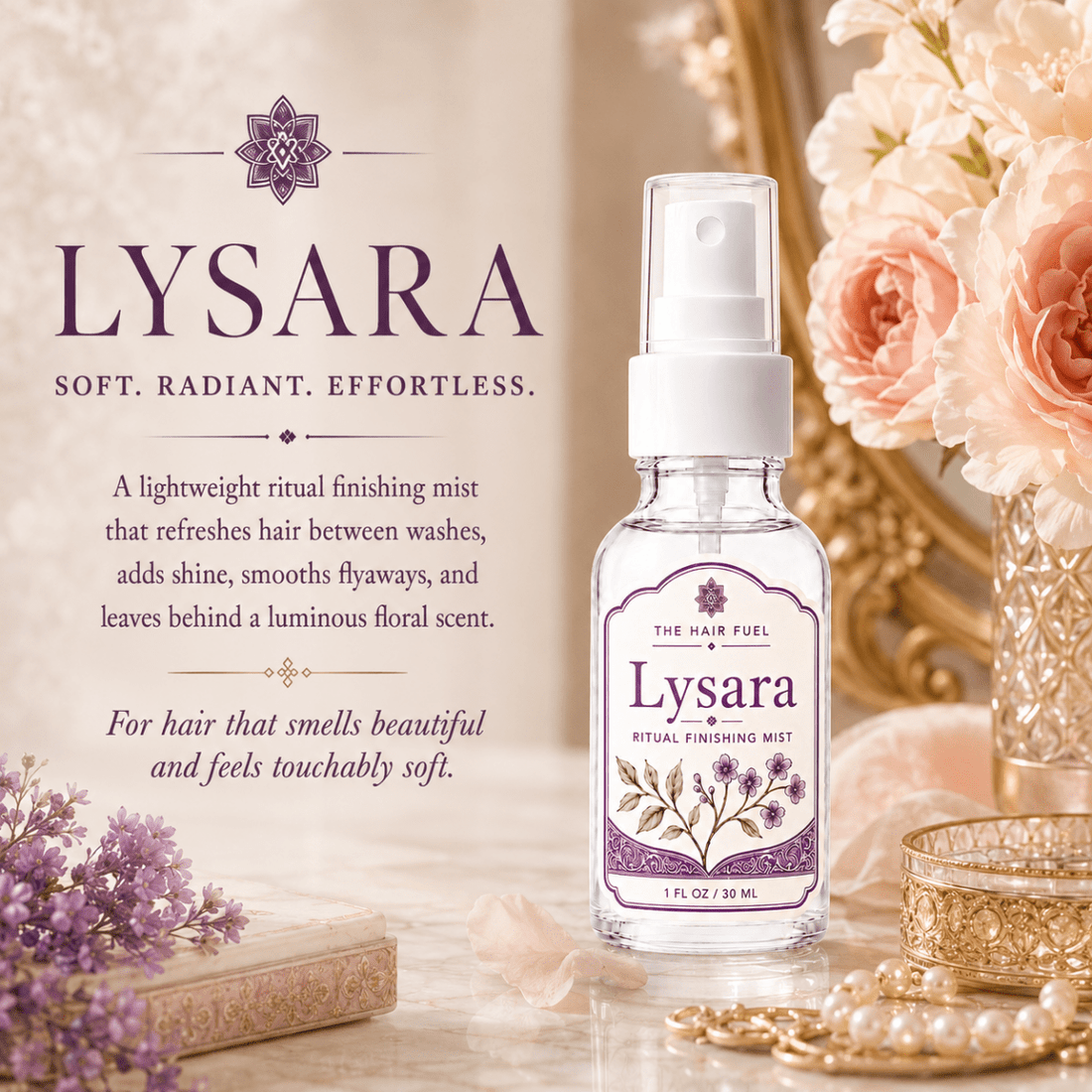 Lysara ritual finishing mist bottle with decorative background and text