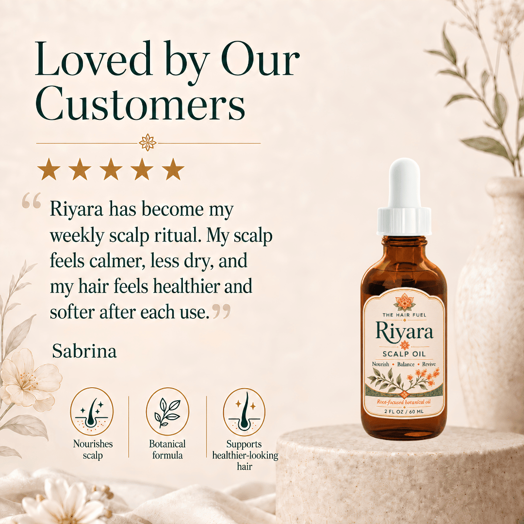 Riyara Scalp Oil in an amber glass dropper bottle, displayed on a stone pedestal against a warm beige background with decorative botanical elements. The image includes promotional text reading &