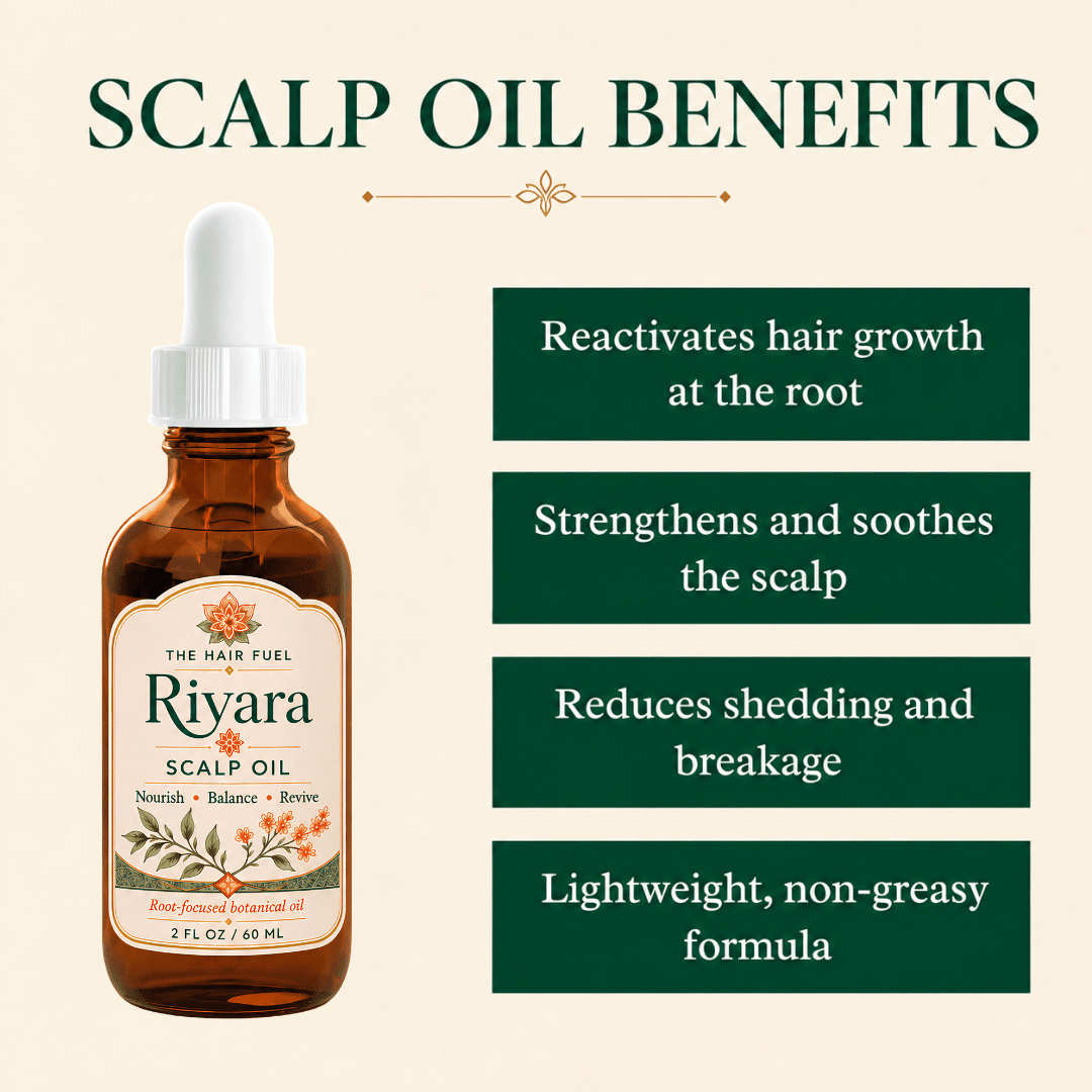 Riyara Scalp Oil bottle shown on a beige background with the headline &