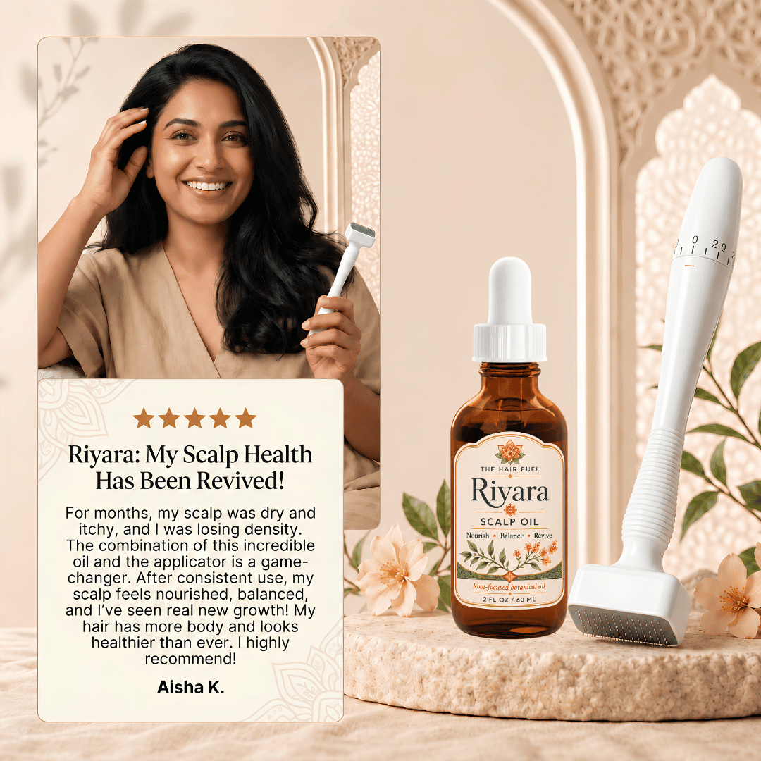 Riyara Scalp Oil bottle with a white dropper and a white silicone scalp applicator on a beige stone surface, alongside a customer testimonial card featuring a woman and a scalp tool.