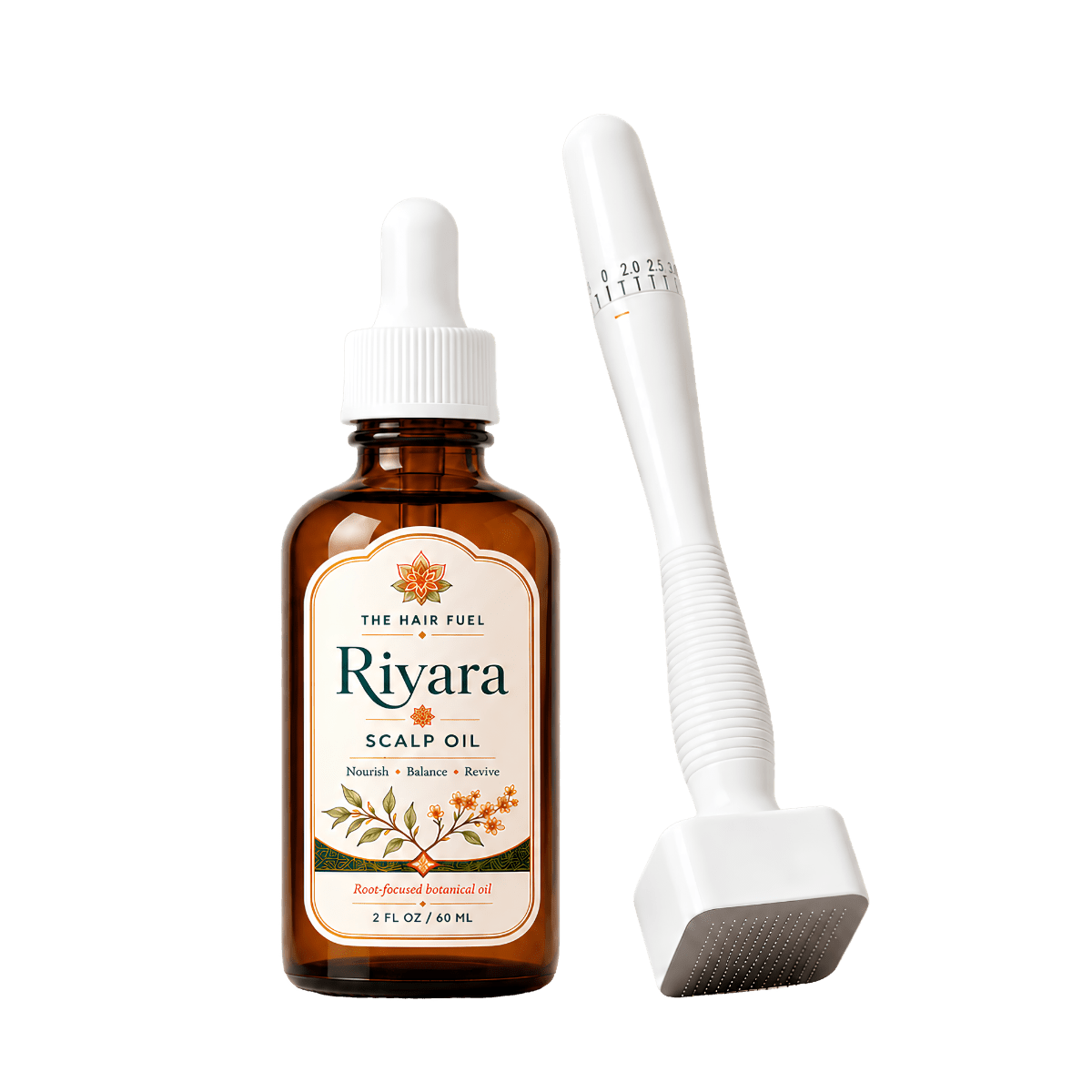 Riyara scalp oil bottle with a white tool on a white background