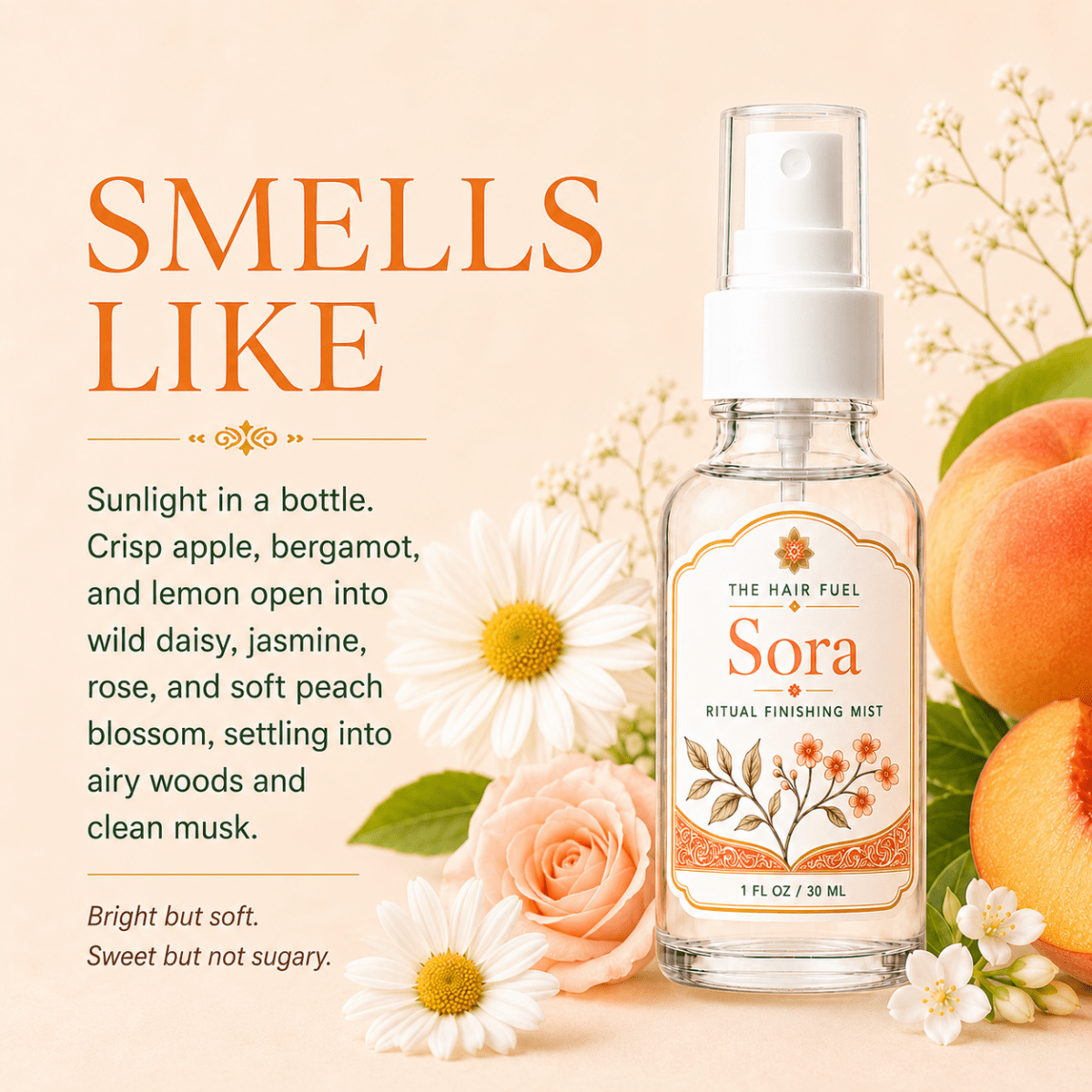 Sora hair mist bottle with flowers and peaches on a light background